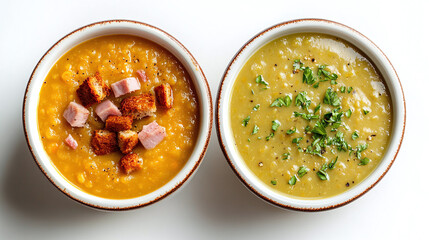 Wall Mural - Bundle of two split pea soups with ham and croutons isolated on white background.