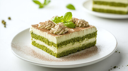 Wall Mural - Matcha green tea tiramisu on a white plate isolated on white background.