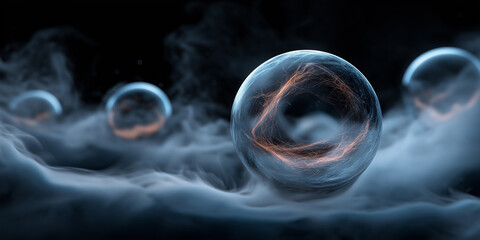 Wall Mural - A series of glowing orbs are floating in a cloud of smoke
