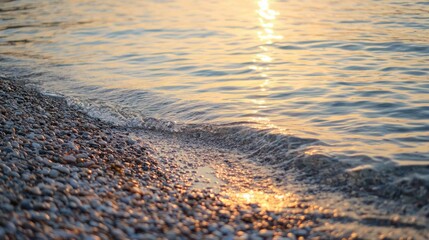 Wall Mural - Serene Lakeside Scene at Sunset with Gentle Waves on Gravel Beach