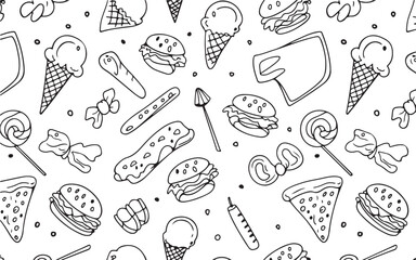 Wall Mural - Set of Food Icon line Art Vector Drawing Ppattern Illustration Background.	