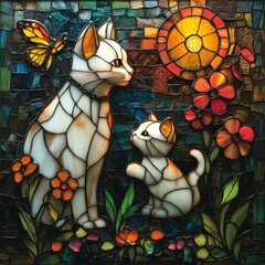 Wall Mural - A stunning stained glass artwork depicting a mother cat and kitten surrounded by colorful flowers, featuring intricate patterns and vibrant lighting effects.  
