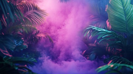 Poster - Tropical plants are shrouded in colorful smoke and fog