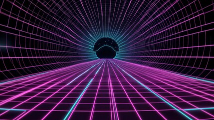Wall Mural - neon grid tunnel with glowing spheres - retro futuristic background