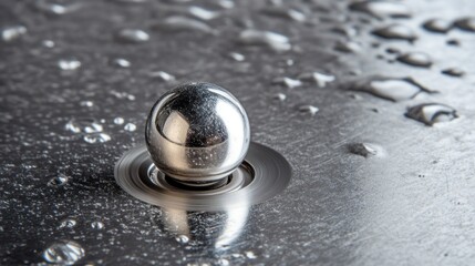 Canvas Print - A metallic sphere rests on a wet metal surface