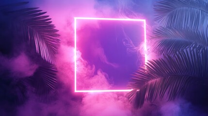 Wall Mural - Neon square surrounded by palm leaves and pink smoke