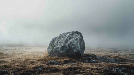 Wall Mural - Eerie Foggy Landscape with Mysterious Rock and Soft Lighting