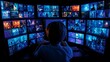 © Edi Purnomo - Child monitoring numerous screens displaying vibrant video content in a dark room.