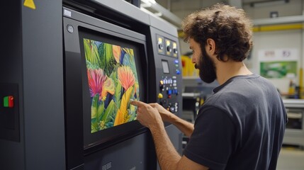 Man operating large format printer displaying tropical flower image