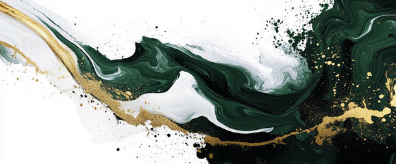 Leinwandbilder - Abstract fluid art composition with a mix of green, white, and gold paint splashes, creating a dynamic and elegant visual with splatters, representing movement and luxury.