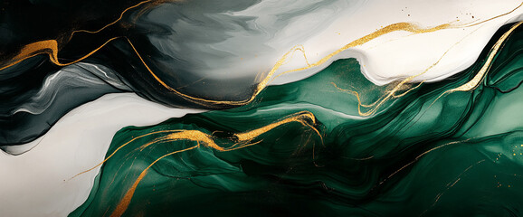 Leinwandbilder - Abstract fluid art with green, black, and white paint blending together with golden splashes, showcasing dynamic movement and elegance, perfect for luxury and modern designs.