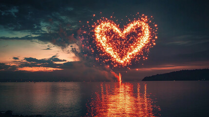 Wall Mural - Heart shaped fireworks over a lake in the night.