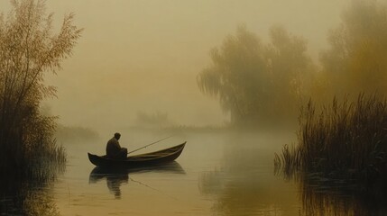 Sticker - Man fishes from a small boat on a misty river