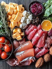 Poster - A table filled with healthy, colorful foods leafy greens, lean protein, healthy fats. top view.