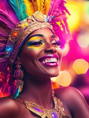 Wall Mural - Joyful Brazilian Carnival woman with festive makeup and accessories smiling