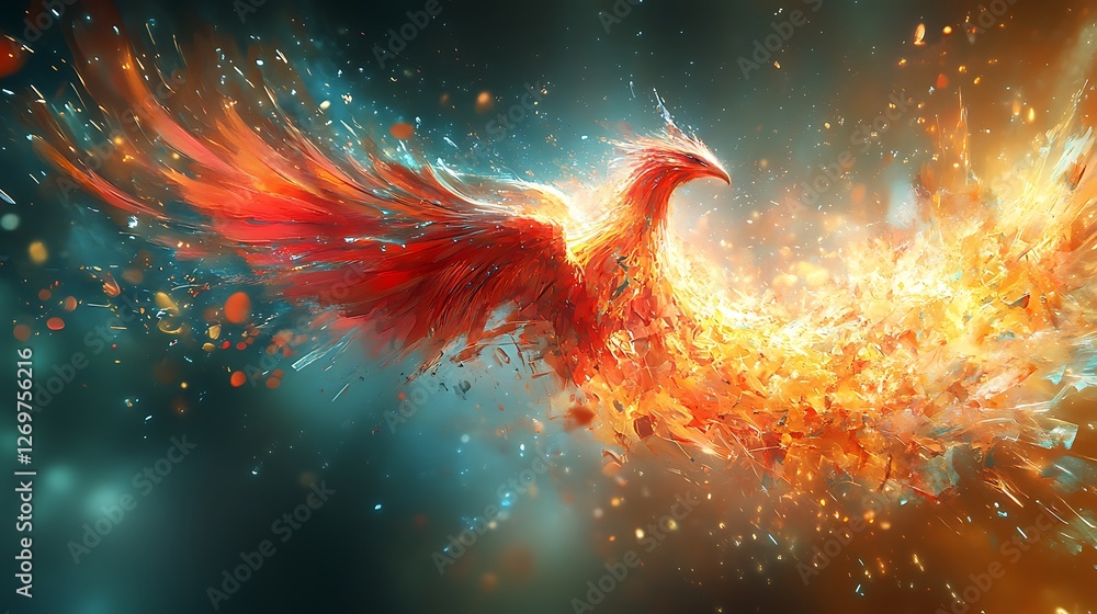 Abstract image of a digital phoenix rebuilding itself from shattered ...