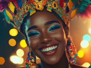 Wall Mural - Joyful Brazilian Carnival Portrait of a Beauty with Lipstick and Jewelry