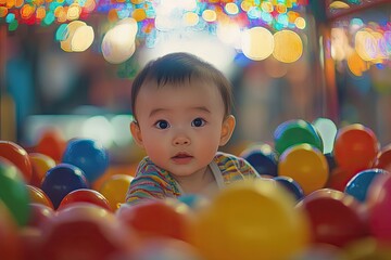 Wall Mural - Cute, happy baby playing in a colorful ball pool or playroom with balls for children's games and entertainment at the mall.