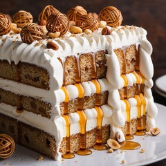 Delicious layered cake with cream, honey drizzle, and decorative sweets on a dark background