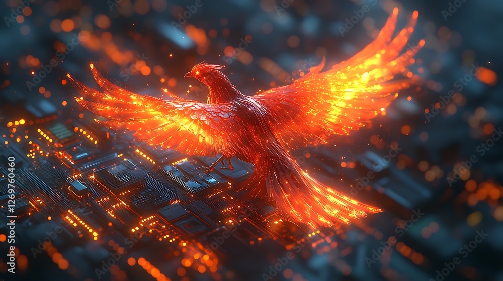 Phoenix Rising Powerpoint Theme Phoenix rising from scattered glowing circuit boards in a cyberpunk ...