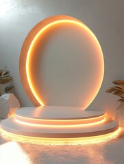 Aufkleber - A minimalist orange and yellow podium for product presentation, with a white background and soft shadows, in the shape of an arched, rounded, geometric structure.