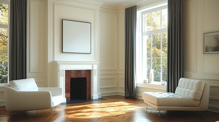 Poster - A living room with creamy beige walls and trim. The sofas are white leather. The floors are firebrick mahogany. The fireplace has a modern look. The curtains are black.