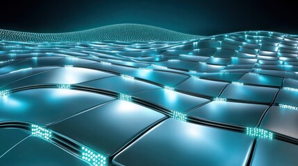 Wall Mural - abstract blue futuristic landscape with glowing grid and digital wave