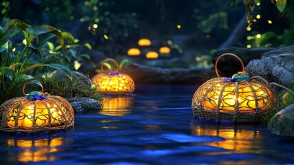 Wall Mural - floating lanterns illuminate a serene river during a tranquil evening in nature