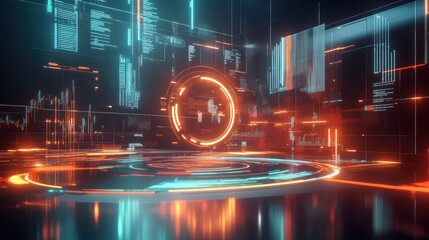Wall Mural - futuristic data visualization and technology interface with glowing elements