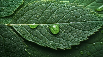 Wall Mural - Close-up of lush green leaves with droplets of water, showcasing nature's beauty and freshness.