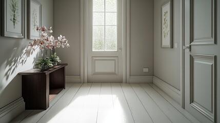 Wall Mural - A small entryway featuring sleek minimalist design, best color trend combining cool grays and ivory tones.