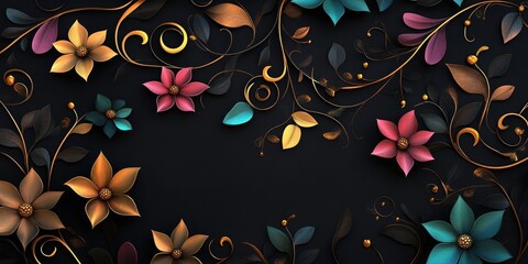 Wall Mural - 3D render of beautiful, colorful leaves and flowers on a dark background, with golden swirls and vines