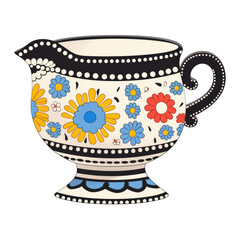 Wall Mural - decorative ceramic jug with colorful floral patterns and intricate designs transparency background. jug features blue, red, and yellow flowers, with black and white accents, creating vibrant and