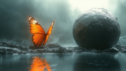 Orange butterfly near large stone sphere by reflective water, conceptual nature photography of opposites – fragility and solidity