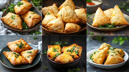 Wall Mural - Collage of delicious crispy samosas with golden-brown texture and fresh herbs in various serving styles, perfect for appetizer or snack food photography.