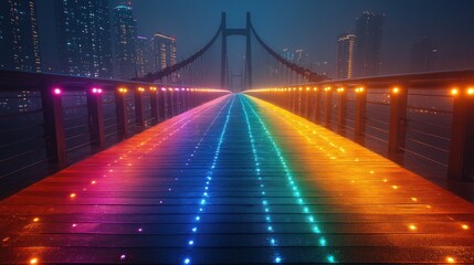 illuminated rainbow bridge night cityscape