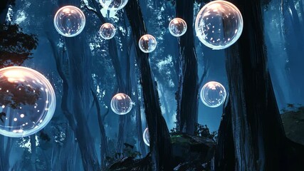 Wall Mural - mystical glowing bubbles floating in an enchanted forest during twilight