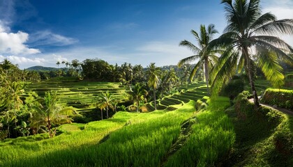 serene tropical rice terraces and palm trees