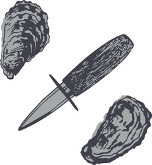 vector illustration of oysters and shucking knife. a high-quality vector illustration featuring two 