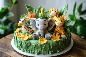 Jungle themed children s cake decorated with animals