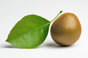 Wall Mural - Kiwifruit with green leaf on a white background