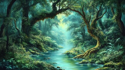 Canvas Print - Lush forest landscape with a river flowing through the trees