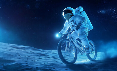 Wall Mural - astronaut riding a bicycle on the moon at night