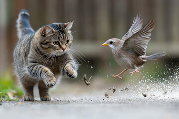 Sticker - A humorous scene of a cat playfully chasing a bird in a garden