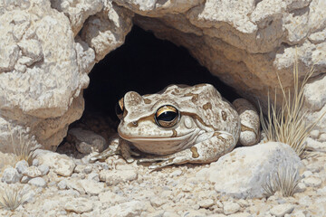 Wall Mural - An illustration of a Pelodytes frog in its natural habitat, emphasizing its camouflaging abilities