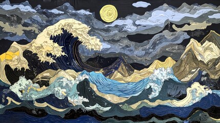 Canvas Print - Artistic Depiction Of A Great Wave And Mountain Landscape