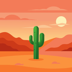 Wall Mural - Lonely Cactus in Vast Desert Symbol of Isolation and Resilience Vector Illustration