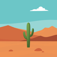 Wall Mural - Lonely Cactus in Vast Desert Symbol of Isolation and Resilience Vector Illustration