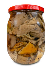 Wall Mural - Mix of Mushrooms marinated in oil in glass jar with red cap isolated on white with clipping path included