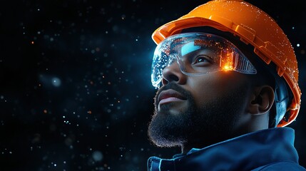 Wall Mural - man wearing an orange safety helmet and protective glasses looks up thoughtfully as bright lights reflect off his eyewear at a nighttime construction site, showcasing his dedication